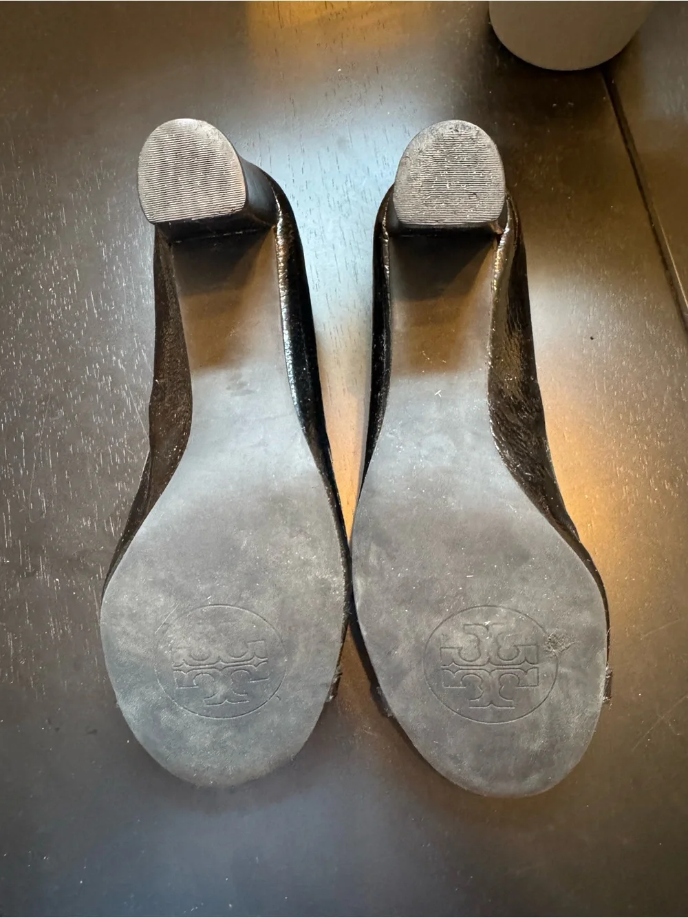 Tory Burch Black Patent Leather Ballet Block Heels with Gold Logo Emblem